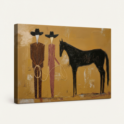 Gallery-wrapped western cowboy and horse canvas print showing wrap depth at 45-degree angle on off-white background