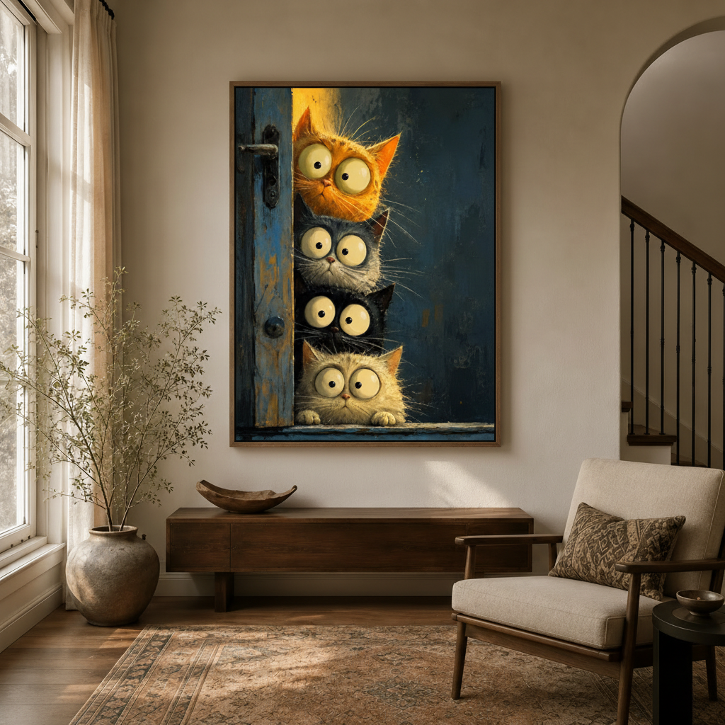 Funny wide-eyed cats peeking door oil style canvas displayed in bright entryway foyer with arched doorway