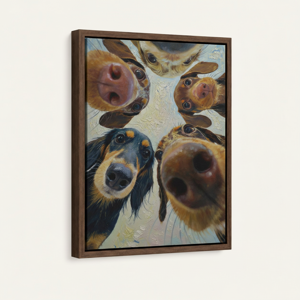 Funny dogs oil painting in dark walnut float frame angled product shot on clean white background
