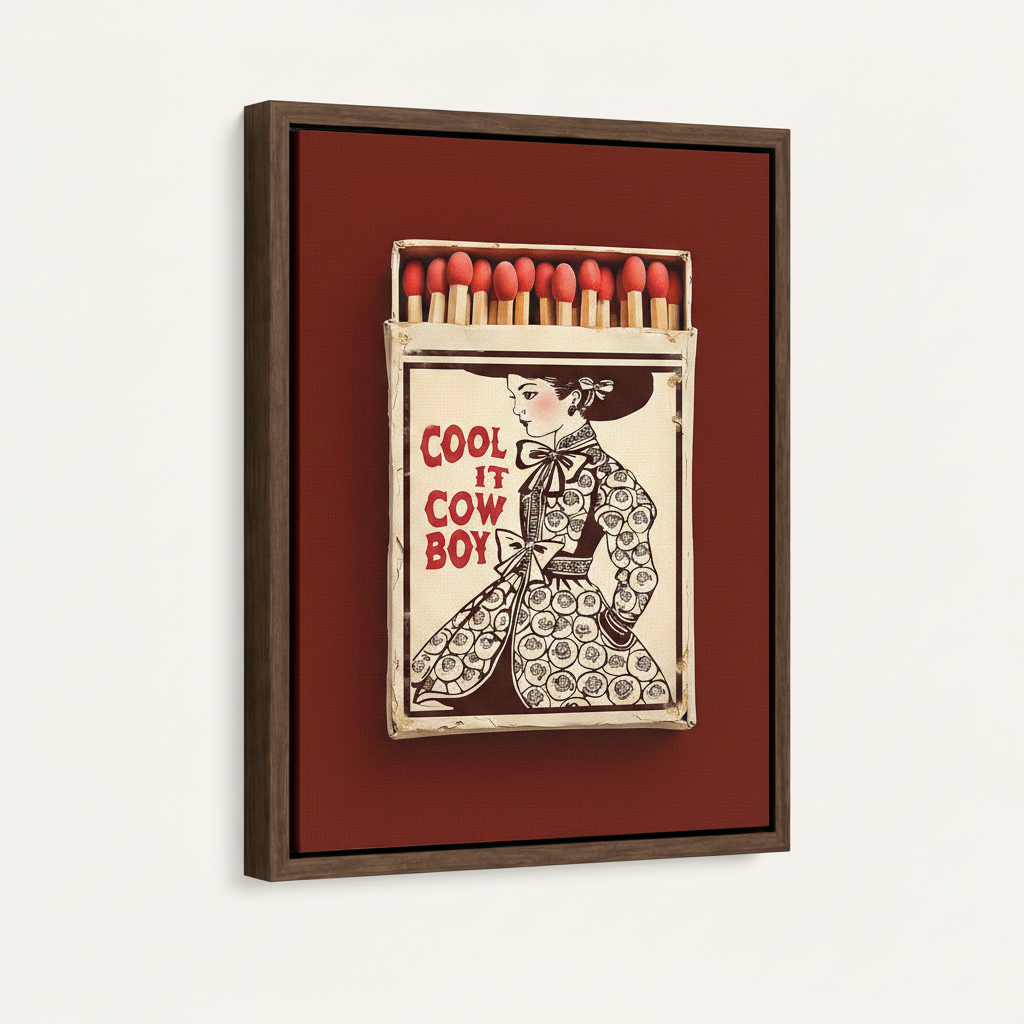 Victorian lady retro art print in dark walnut float frame, 3/4 angle product view on white background