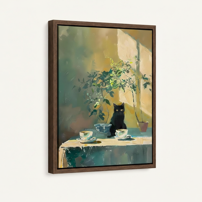 Framed black cat canvas art on white background showing walnut float frame profile and canvas texture