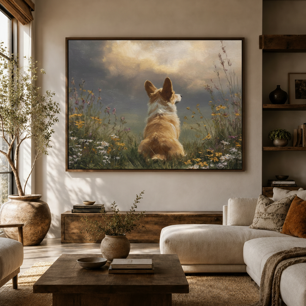 Corgi wildflower field canvas wall art above console in bright Japandi living room white sofa