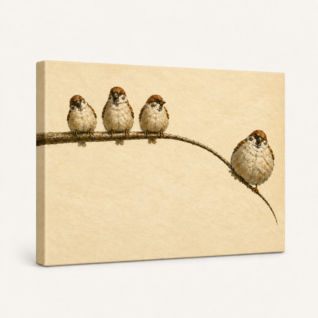 Gallery-wrapped sparrow branch canvas displayed on a clean white background