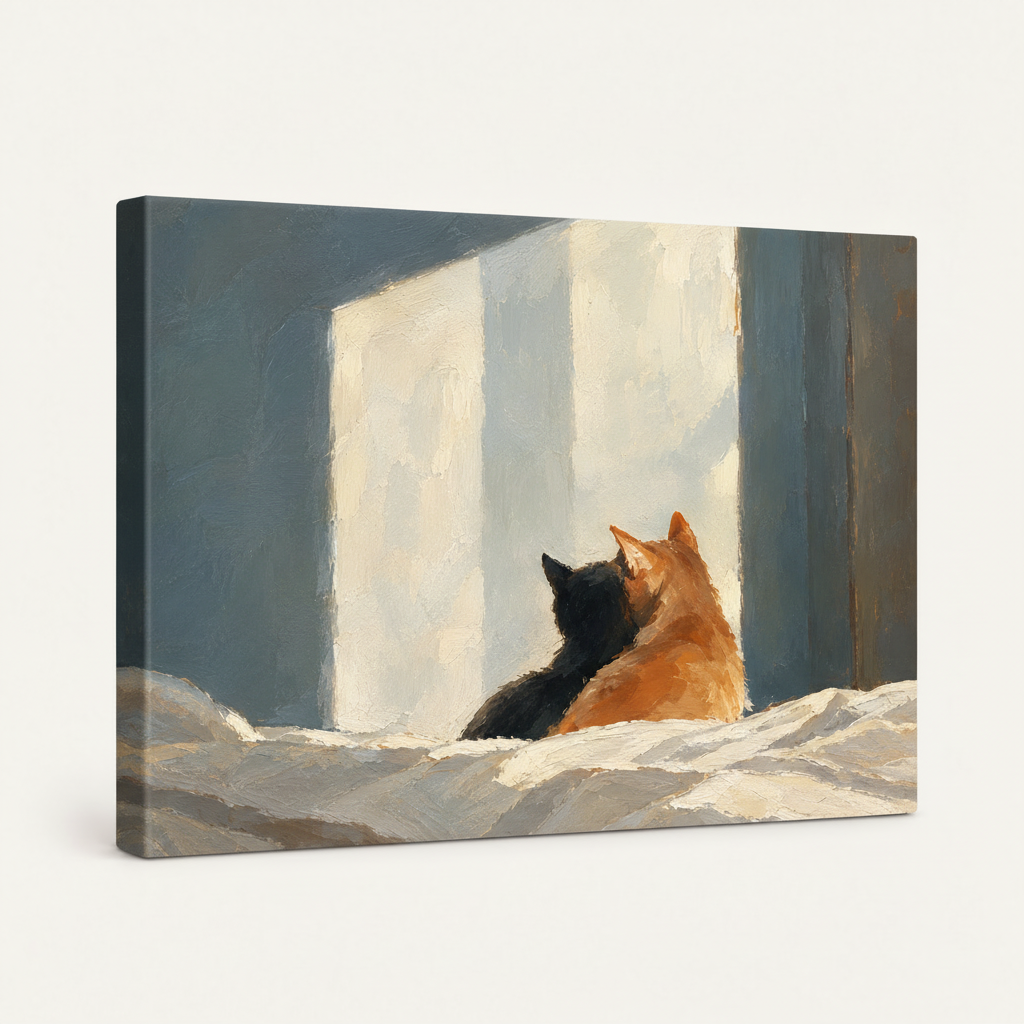Close-up of impressionistic cat and shadow oil painting canvas print