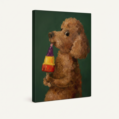 Gallery-wrapped canvas of a humorous poodle portrait with bold rainbow popsicle against forest green