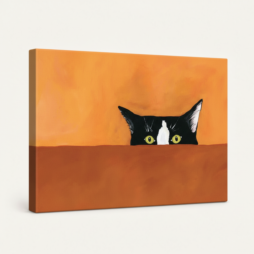 Angled view of gallery-wrapped peeking cat canvas with orange and rust color blocks