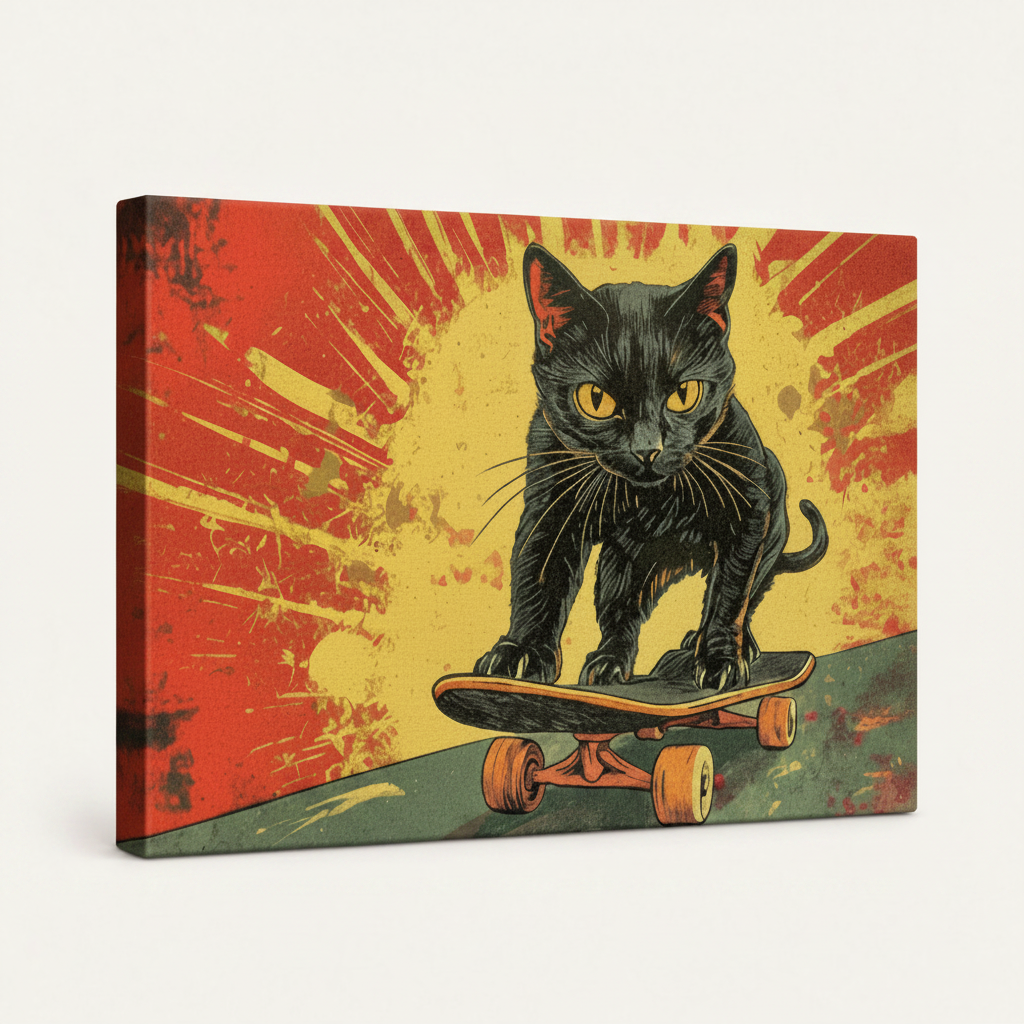 Gallery-wrapped skater cat canvas showing red-yellow explosion artwork and wrap depth