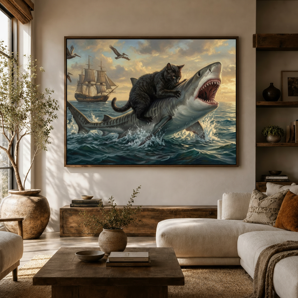 Cinematic fantasy black cat shark canvas wall art above sideboard in bright modern living room white sofa