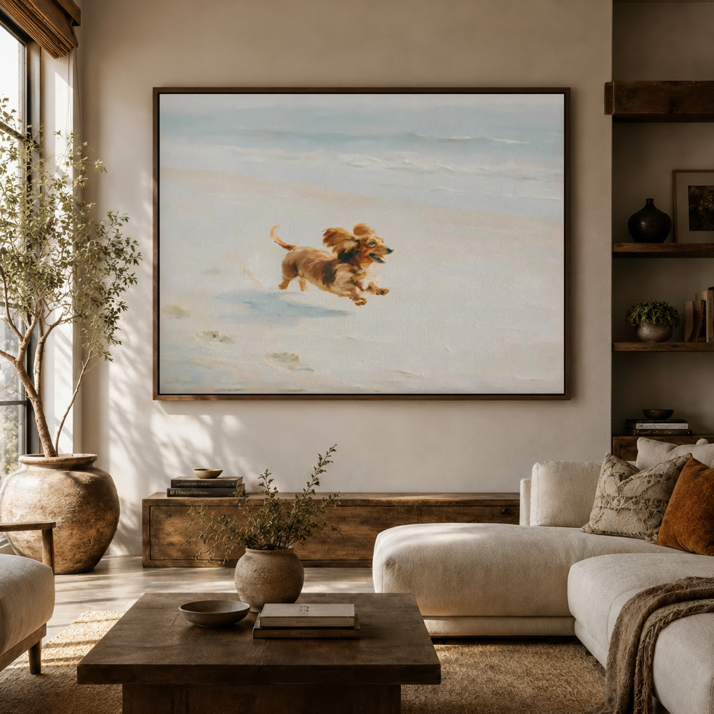 Wiener dog racing retro cartoon canvas wall art above sideboard in bright Japandi living room white curved sofa
