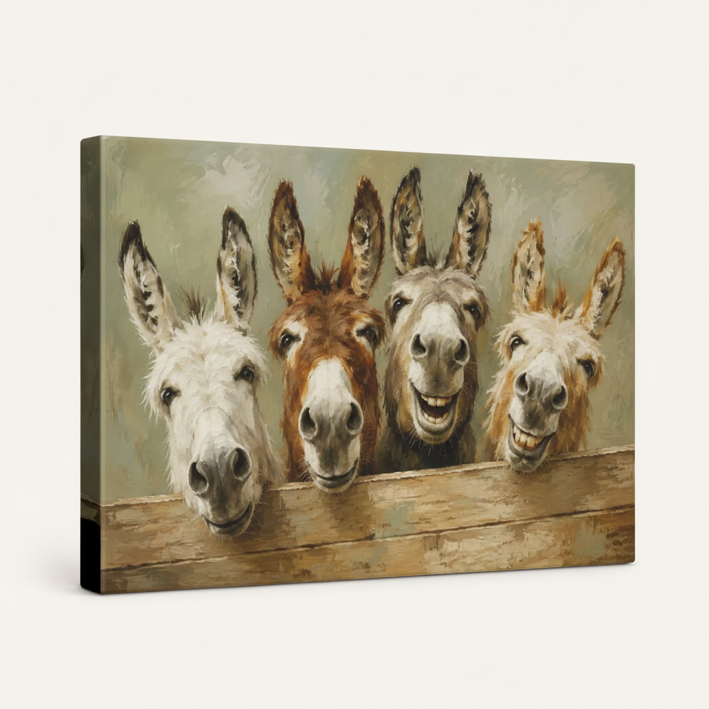 Humorous donkey gallery-wrapped canvas print side angle view on clean white background