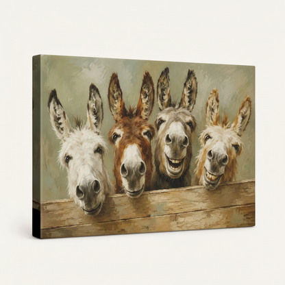 Humorous donkey gallery-wrapped canvas print side angle view on clean white background