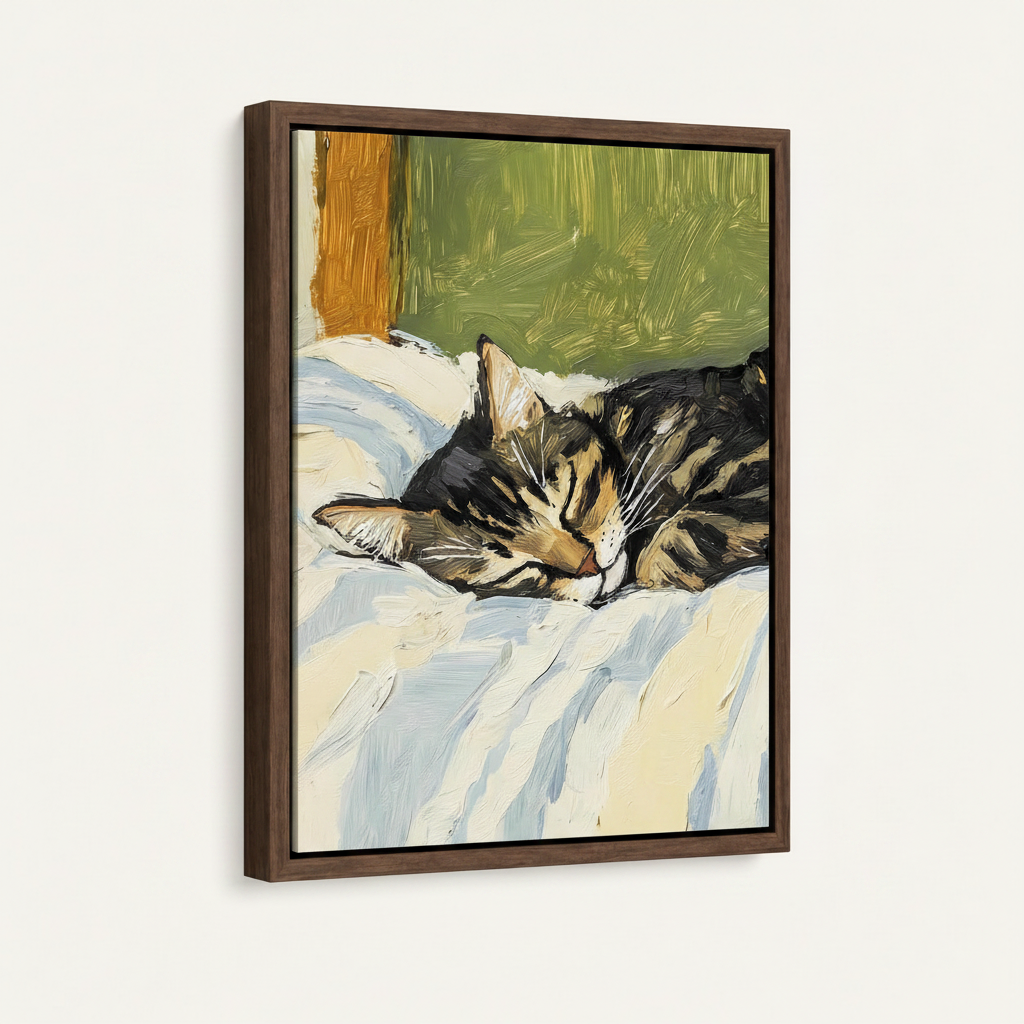 Tabby cat oil painting in dark walnut float frame product mockup on white background