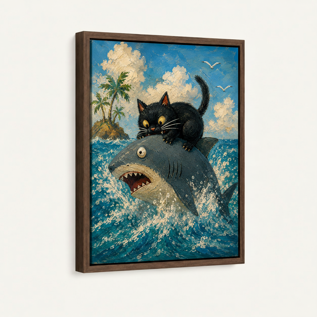 Black cat shark folk art canvas print in dark walnut floating frame front view on clean white background