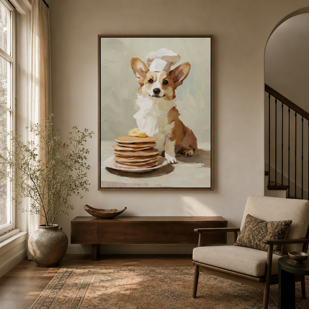 Impressionist corgi chef pancakes canvas displayed in bright entryway foyer with arched doorway and armchair