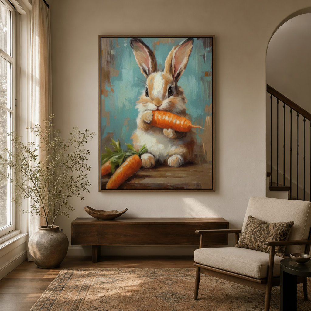Funny bunny holding carrot teal background canvas displayed in bright entryway foyer with arched doorway