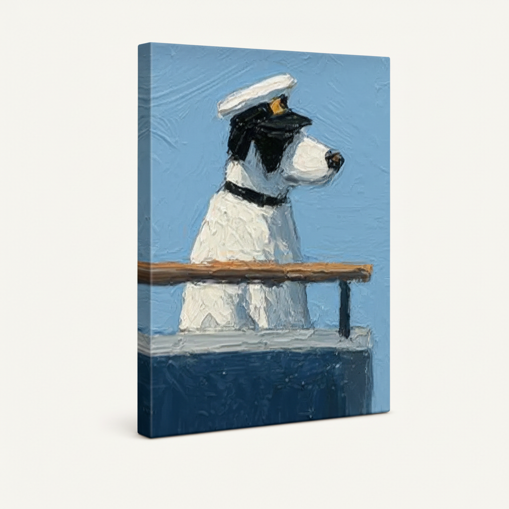 Gallery-wrapped captain dog nautical canvas showing sky blue side depth, frameless impasto wall art view