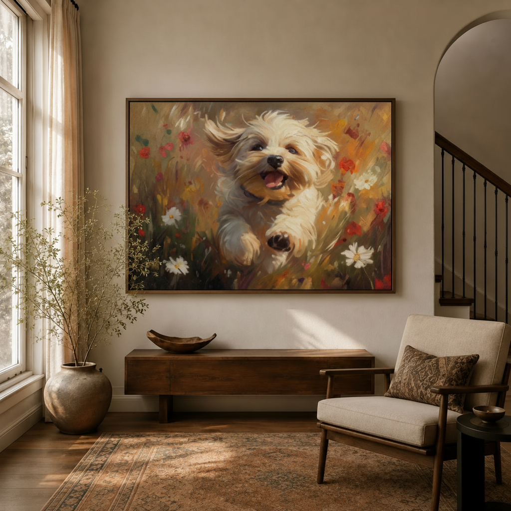 Classical egret landscape framed canvas wall art above sideboard in warm modern entryway sitting room