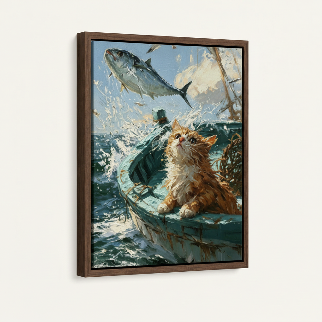 Cat on boat impasto painting in dark walnut float frame, white background front view product shot
