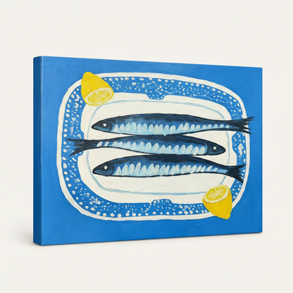 Gallery wrapped sardines still life oil painting canvas, side angle showing cobalt blue wrapped edges
