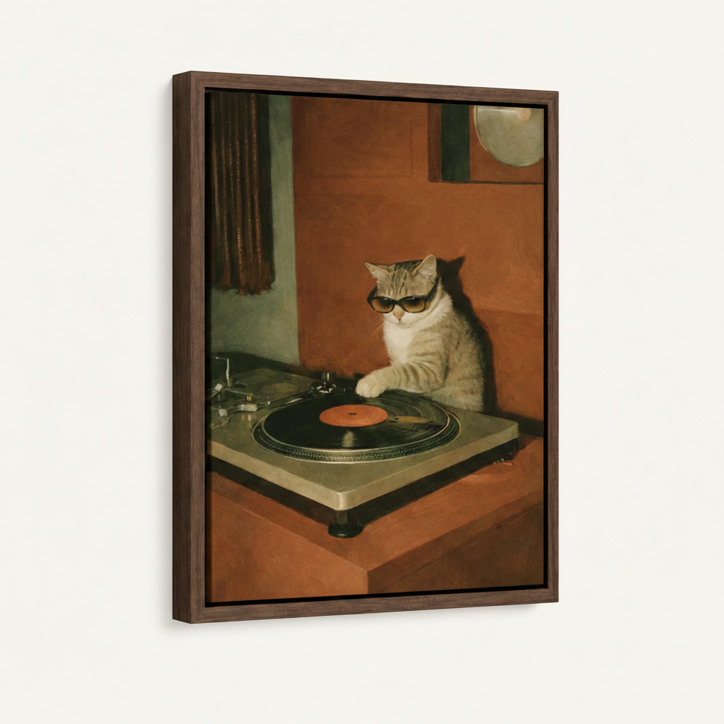Retro cat DJ painting in dark walnut float frame on white background product view
