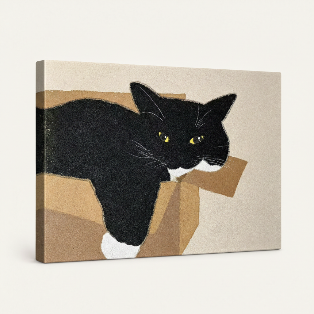 Gallery-wrapped canvas of minimalist tuxedo cat oil painting, side angle showing canvas depth