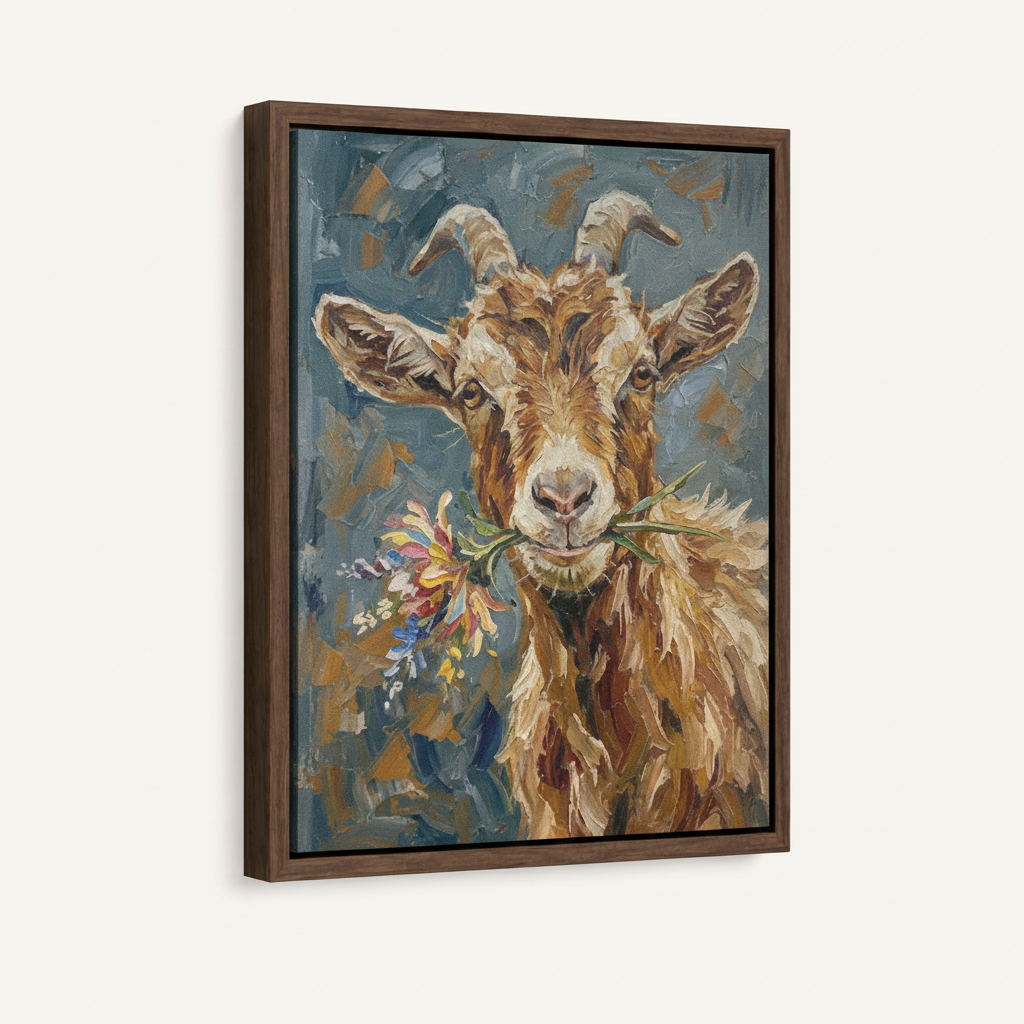 Goat wildflower impasto canvas in dark walnut float frame, front view product mockup on white background