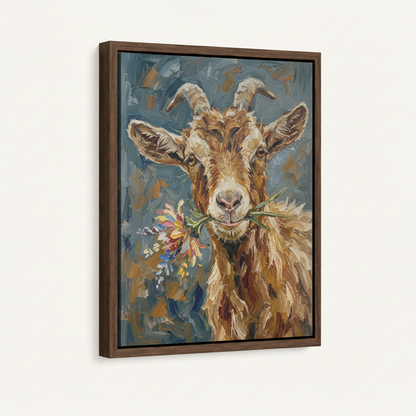 Goat wildflower impasto canvas in dark walnut float frame, front view product mockup on white background