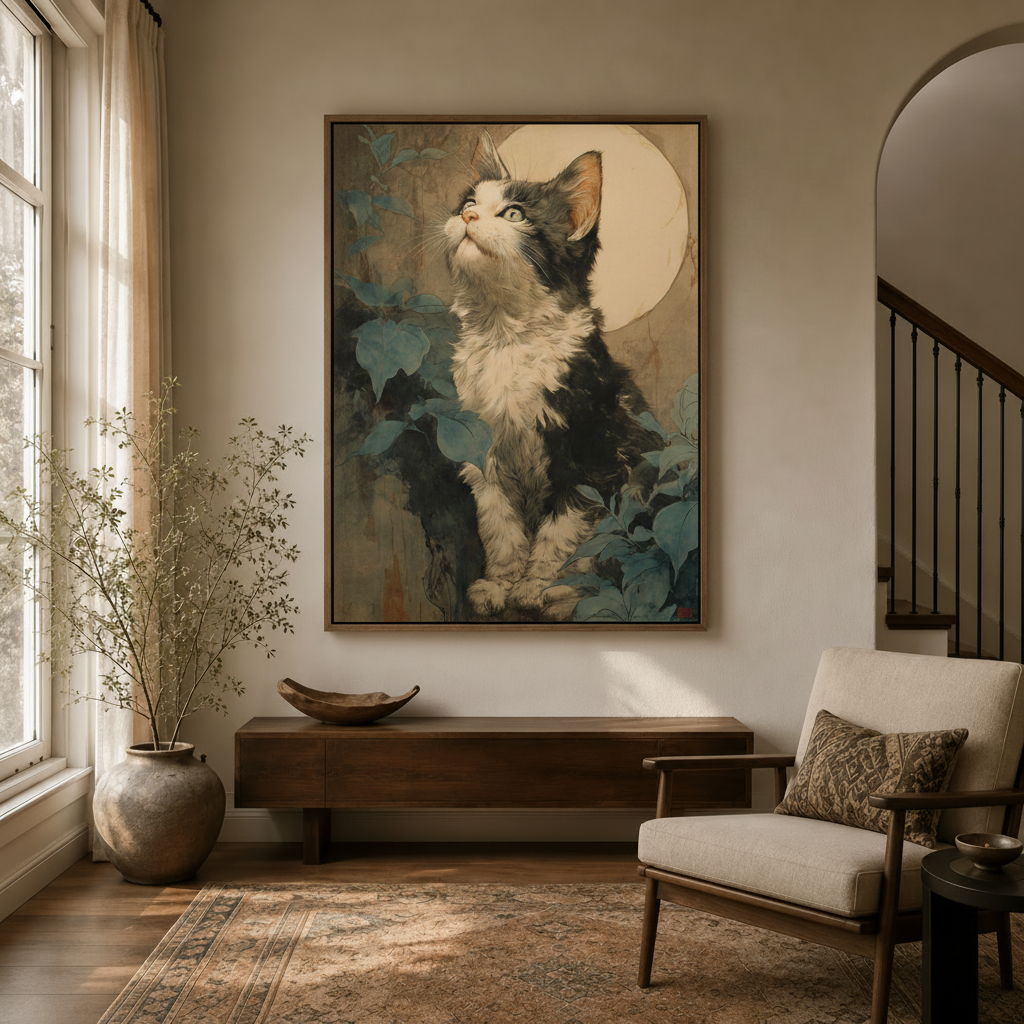 Vintage kitten gazing moon canvas wall art displayed in bright entryway above dark console