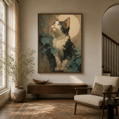 Vintage kitten gazing moon canvas wall art displayed in bright entryway above dark console