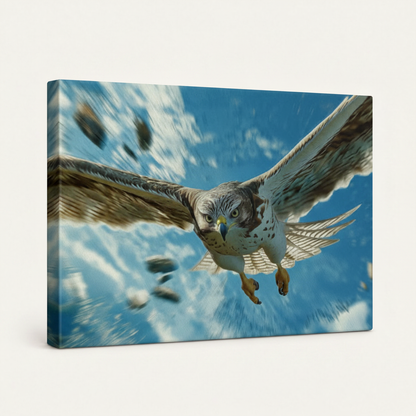 Gallery-wrapped canvas of falcon diving artwork with side wrap detail visible on off-white background