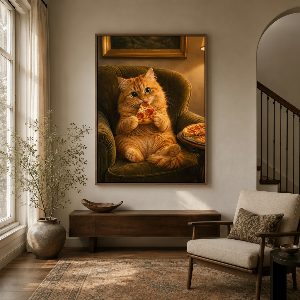 Fat cat pizza cozy velvet chair canvas in float frame above dark walnut entryway credenza, warm golden tones
