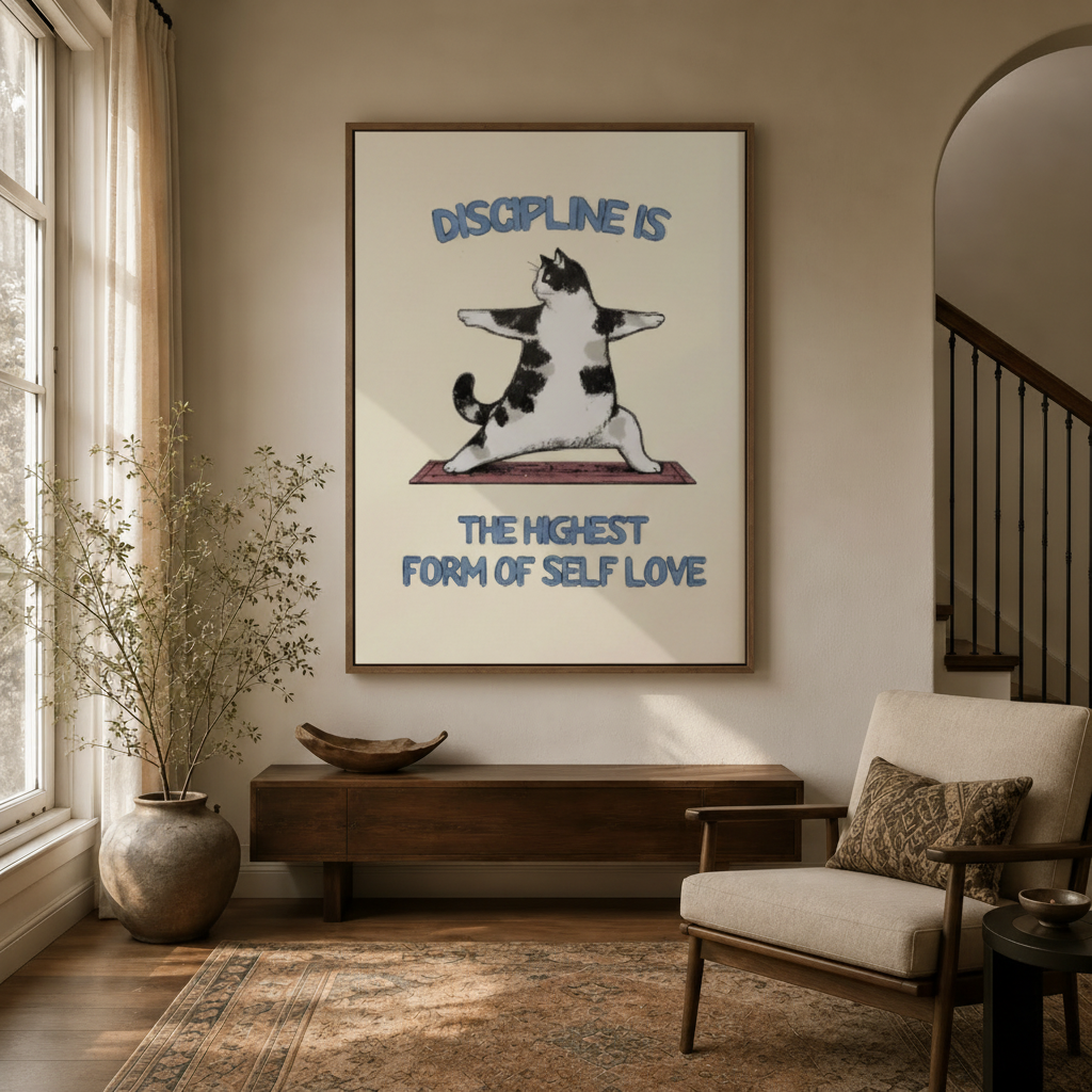 Cat yoga discipline self love retro canvas in float frame above dark walnut entryway credenza, cream tones