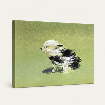 Gallery-wrapped windswept dog canvas print shown at angle with olive green tones on sides
