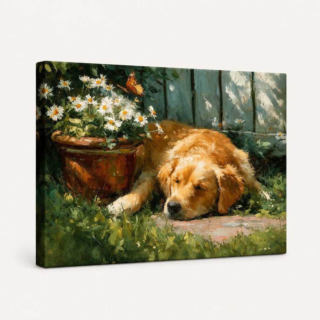 Gallery-wrapped sleeping golden retriever canvas shown from an angled side view.