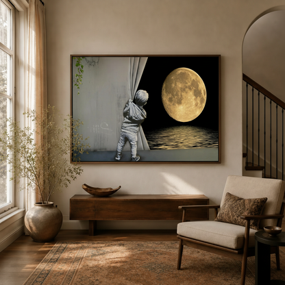 Surrealist boy curtain moon framed canvas art in warm neutral living room