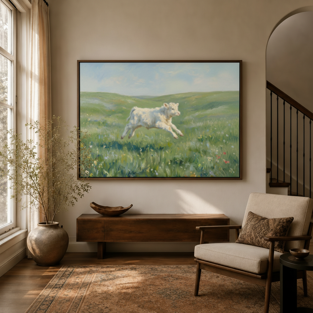Framed leaping white calf green meadow classical canvas wall art in warm entryway with staircase and console table