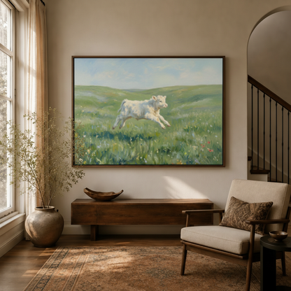 Framed leaping white calf green meadow classical canvas wall art in warm entryway with staircase and console table