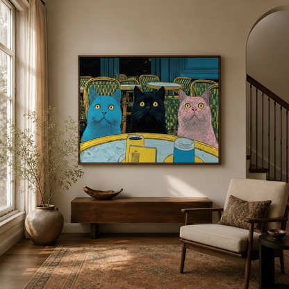 Large framed three cats pop art canvas wall art in modern living space near staircase
