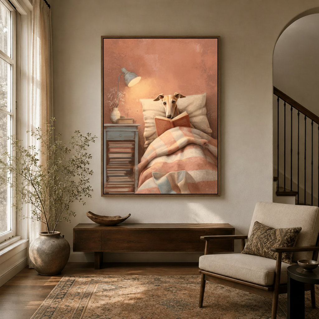 Greyhound reading in bed canvas wall art hung in warm entryway with arched doorway and linen armchair