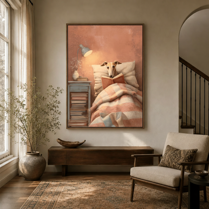 Greyhound reading in bed canvas wall art hung in warm entryway with arched doorway and linen armchair