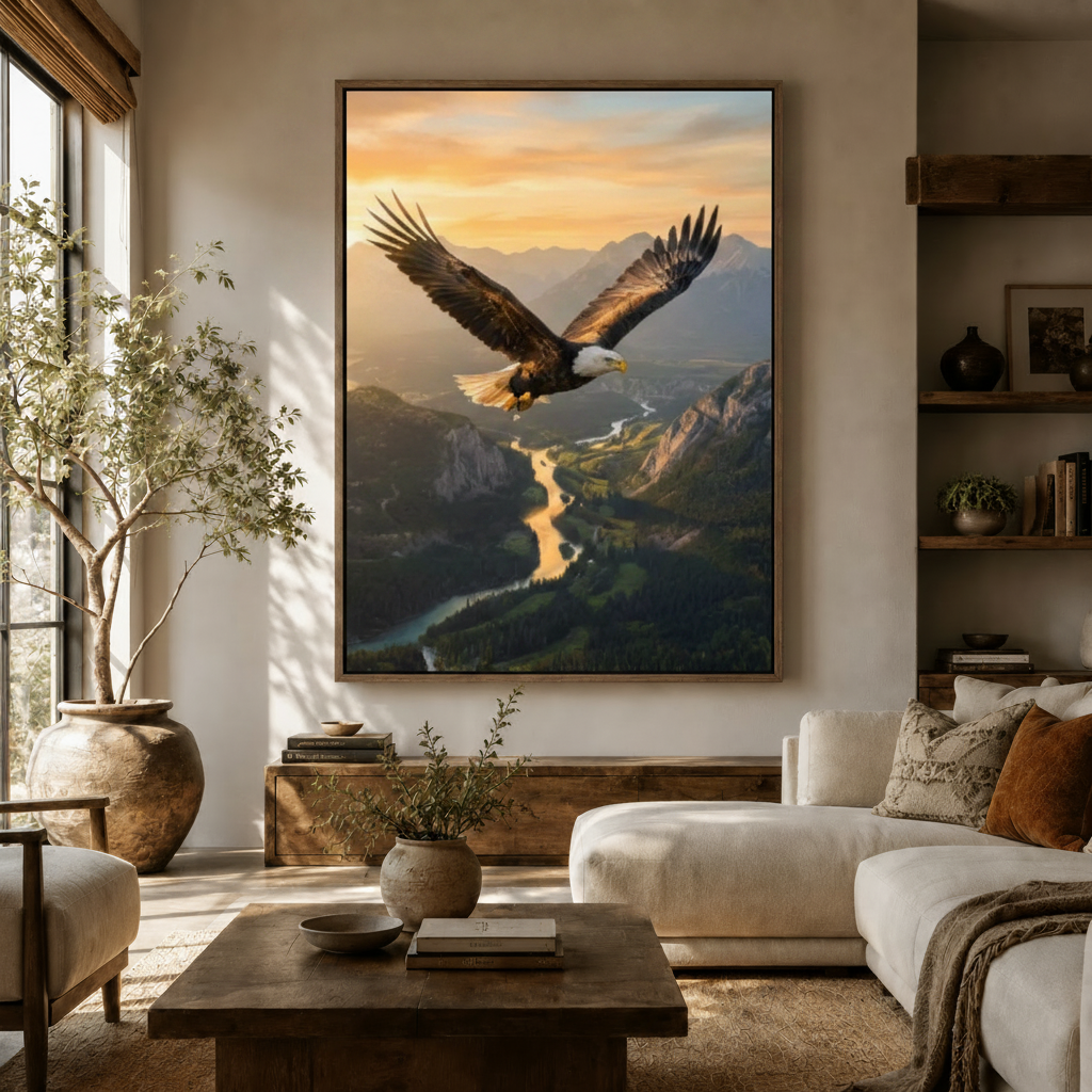 Large bald eagle canvas print in dark walnut frame styled in a bright modern living room with olive tree