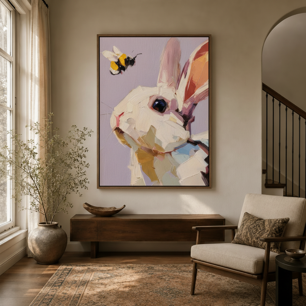 Whimsical rabbit and bee canvas wall art in walnut float frame displayed in bright modern entryway
