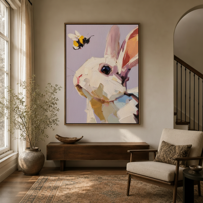 Whimsical rabbit and bee canvas wall art in walnut float frame displayed in bright modern entryway