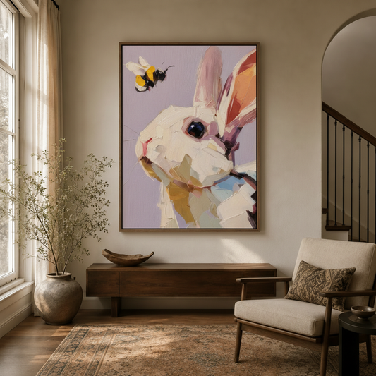 Whimsical rabbit and bee canvas wall art in walnut float frame displayed in bright modern entryway
