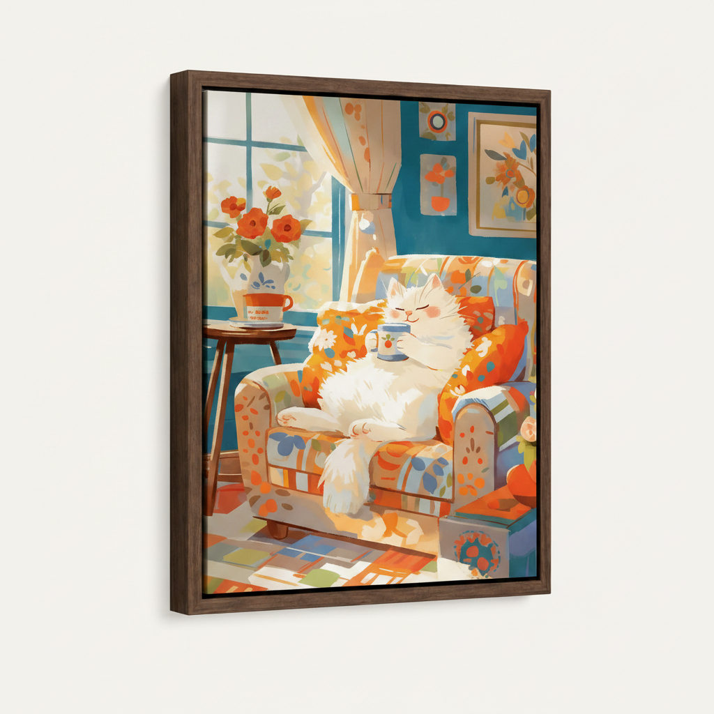 Cozy cat coffee Japanese illustration canvas in dark walnut float frame front view product shot