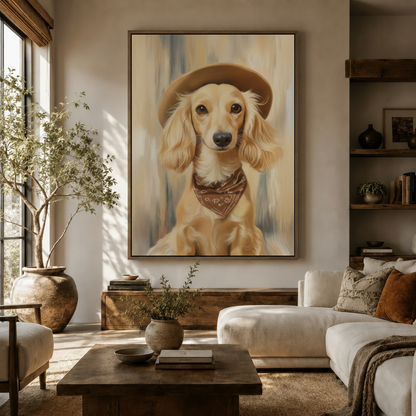 Dachshund cowboy hat portrait canvas wall art above sideboard in bright modern living room with olive tree and white sofa