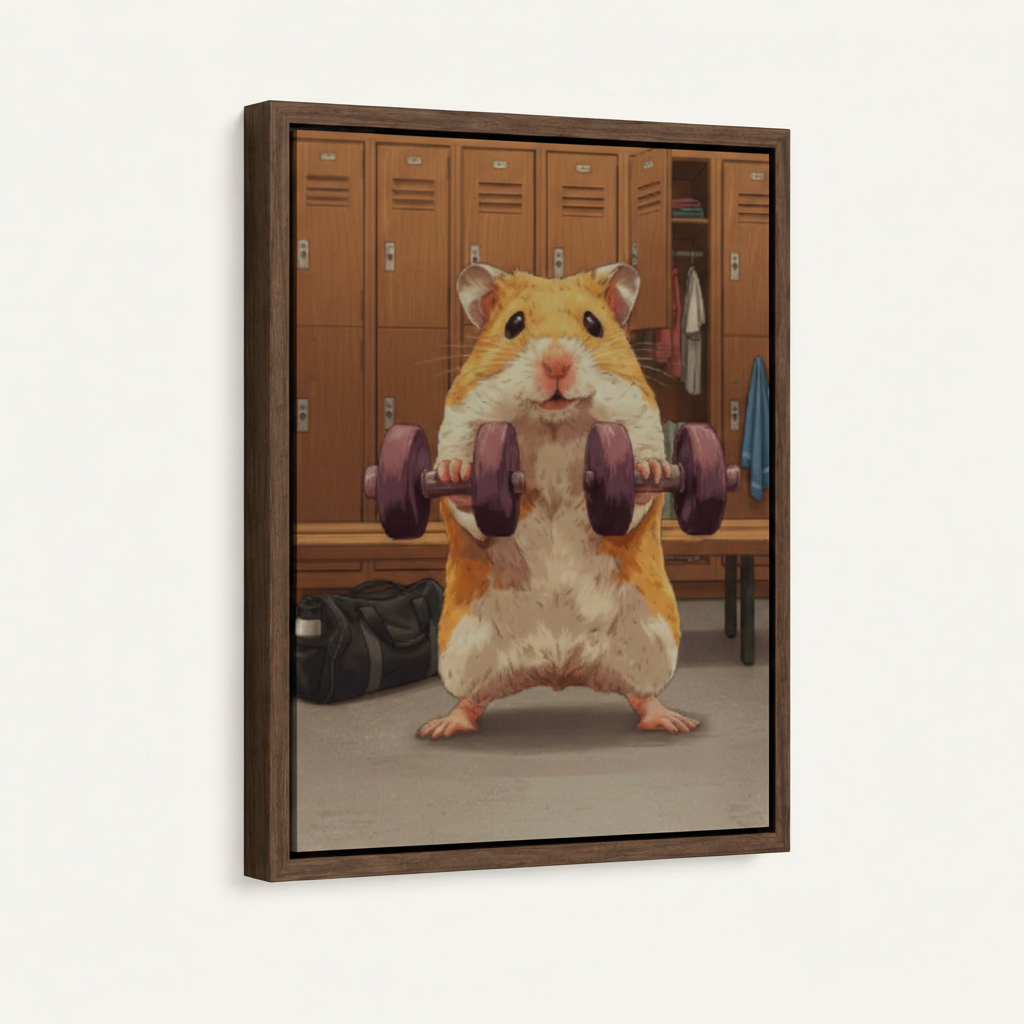 Framed canvas close-up of determined golden hamster curling purple dumbbells in a locker room