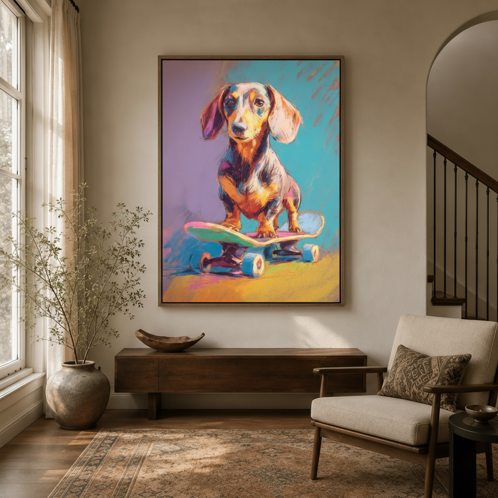 Bold dachshund skateboard canvas in walnut float frame displayed in bright modern entryway