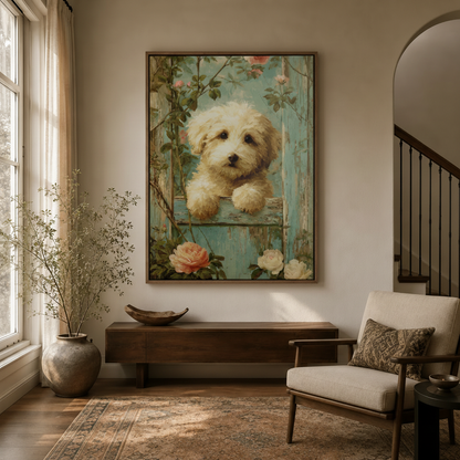 Cream puppy peeking over teal fence roses canvas displayed in bright entryway foyer with arched doorway