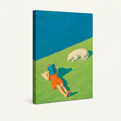 Gallery wrapped canvas print side view featuring vibrant aerial figurative art of reading figure and sleeping dog
